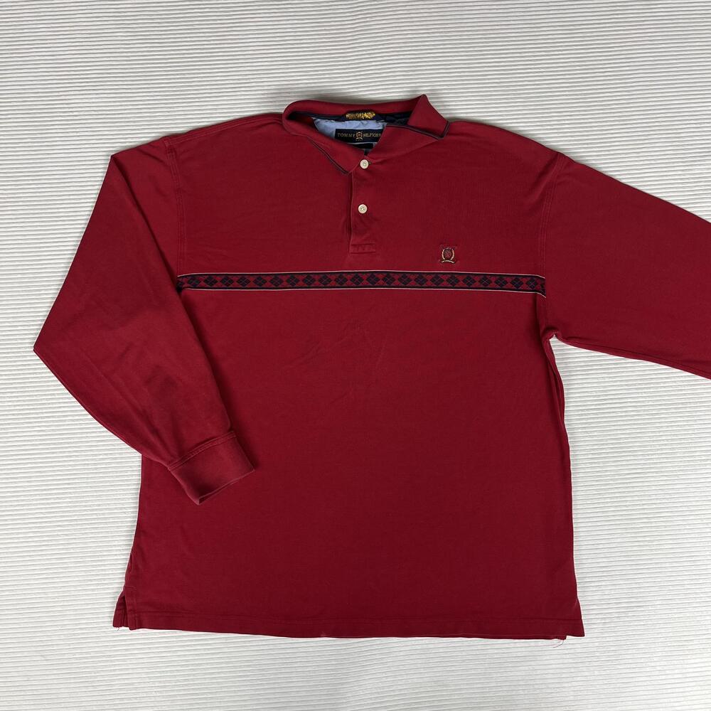 Tommy Hilfiger Golf Polo Shirt Mens L Red Long Sleeve Argyle Band Logo Cotton